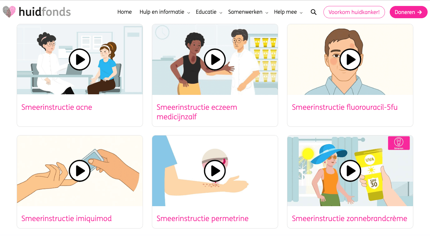 Smeerinstructies op de Huidfonds-website, met animaties over het gebruik van crème en zalf